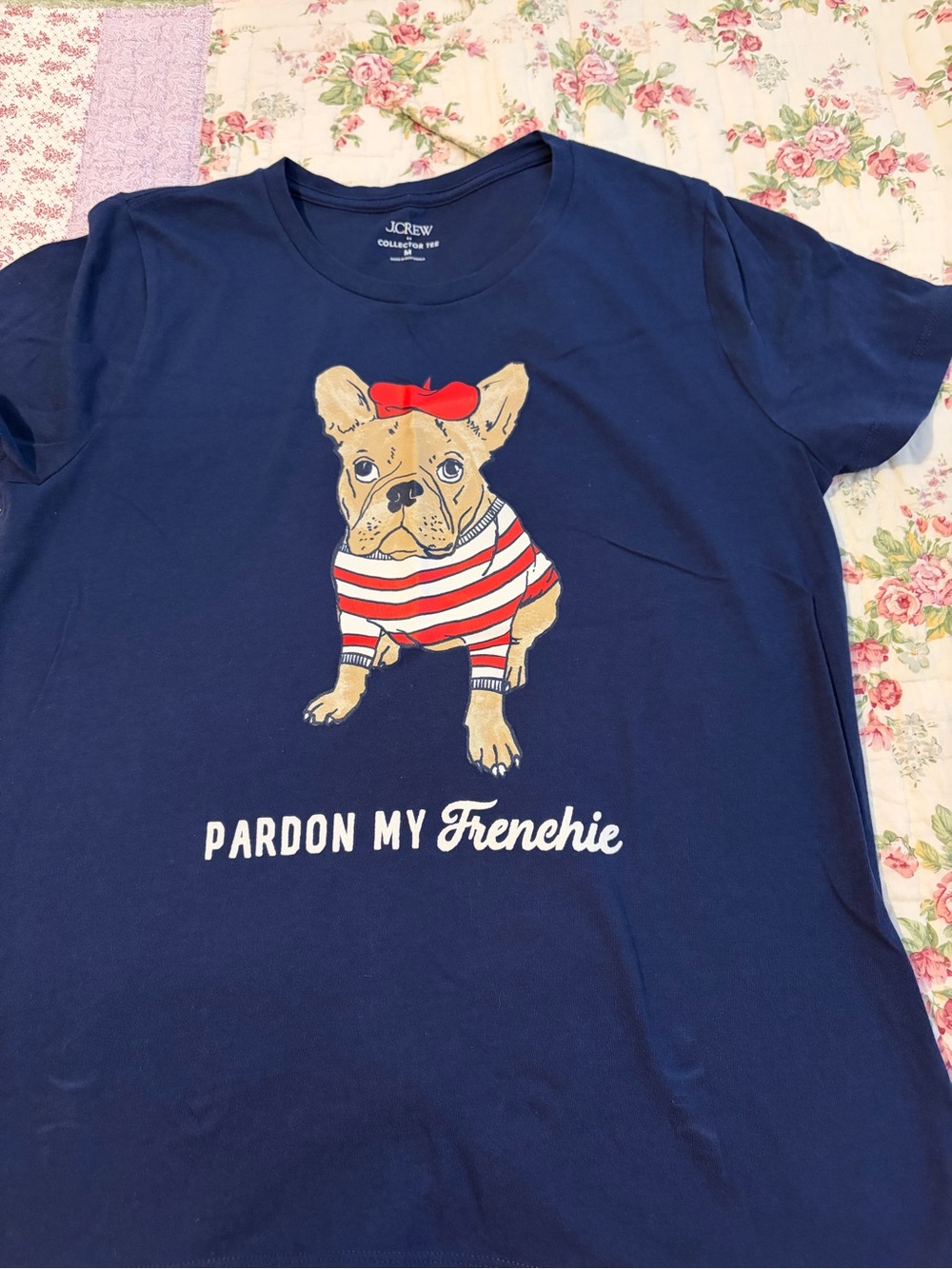 J. Crew Navy Graphic French Bulldog Tee with Red & Cream Accents